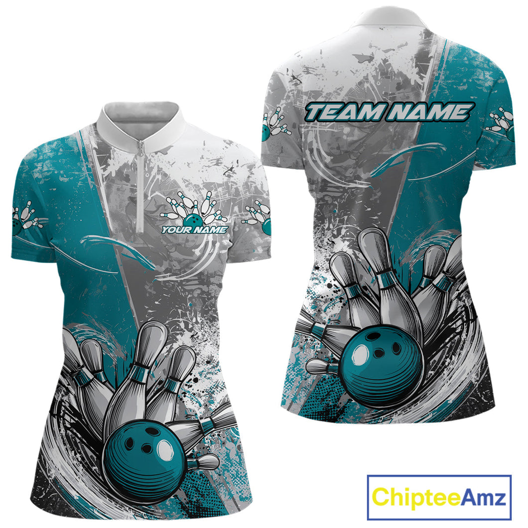 Custom Grunge Blue Bowling Women Quarter-Zip Shirt, Distressed Vintage Bowling Shirts IPHW9551
