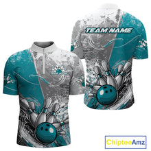 Load image into Gallery viewer, Custom Grunge Blue Bowling Quarter-Zip Shirts For Men, Distressed Vintage Bowling Team Shirts IPHW9551