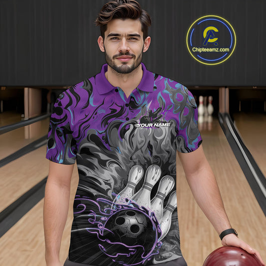 Custom Blue And Purple Fame Bowling Team Polo Shirts For Men, Fire Bowling Jerseys IPHW9559