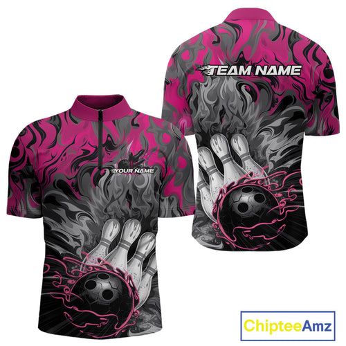 Custom Pink Flame Bowling Team Quarter-Zip Shirts For Men, Fire Bowling Jerseys IPHW9561
