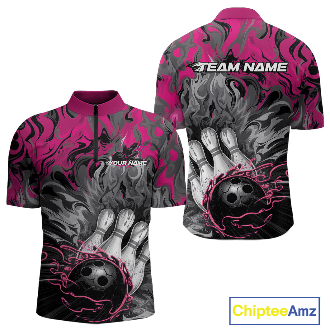 Custom Pink Flame Bowling Team Quarter-Zip Shirts For Men, Fire Bowling Jerseys IPHW9561