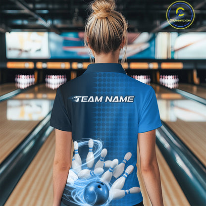 Custom Blue Flame Bowling Women Quarter-Zip Shirts, Bowling Tournament Team Shirt IPHW9407