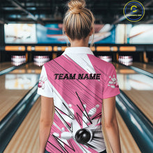Load image into Gallery viewer, Custom White And Pink Bowling Team Women Polo Shirts, Bowling Ball And Pins Jerseys IPHW9599