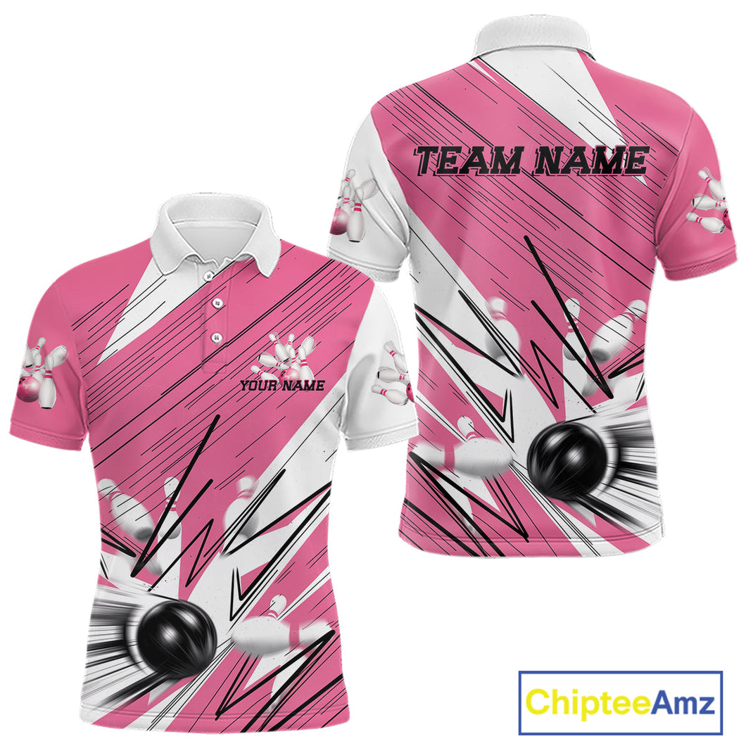 Custom White And Pink Bowling Team Men Polo Shirts, Bowling Ball And Pins Jerseys IPHW9599