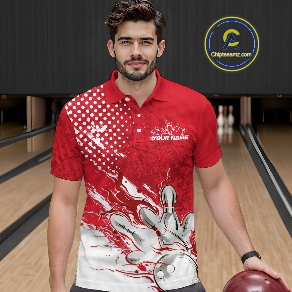 Custom White And Red Bowling Team Polo Shirts For Men, Flame Bowling Jerseys Team Shirt IPHW9618