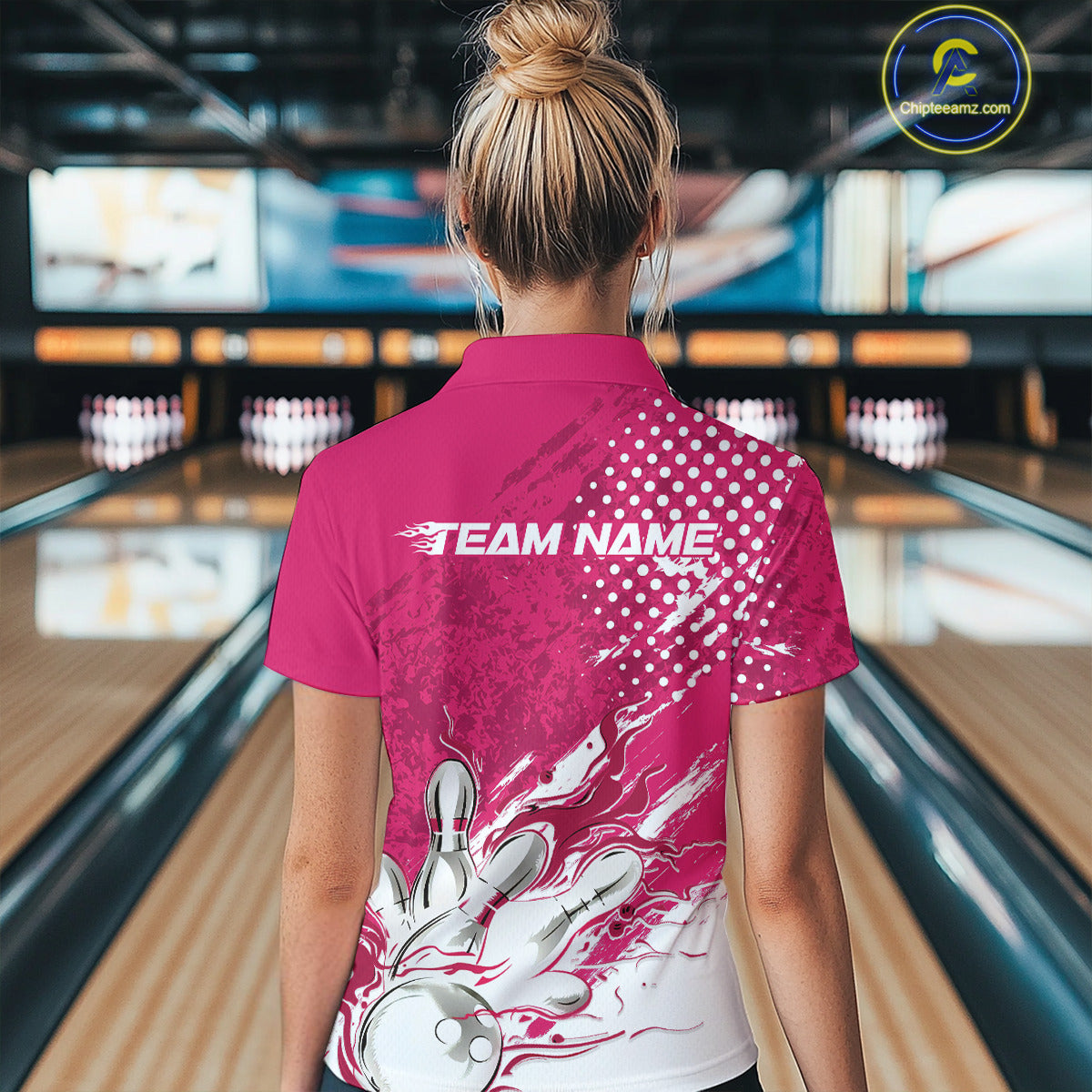Custom White And Pink Bowling Team Polo Shirt For Women, Flame Bowling Jerseys Team Shirt IPHW9619