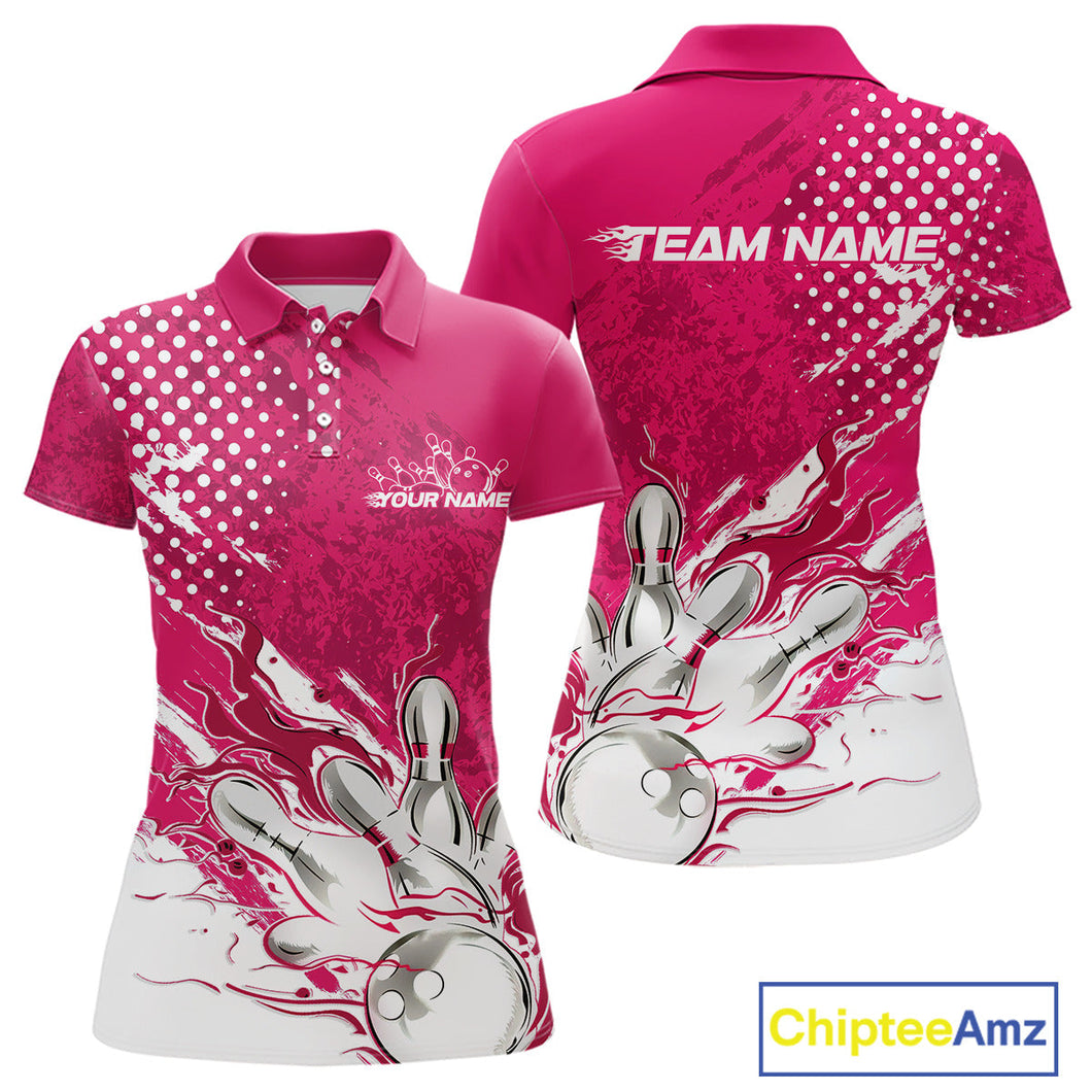 Custom White And Pink Bowling Team Polo Shirt For Women, Flame Bowling Jerseys Team Shirt IPHW9619