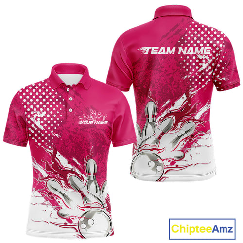 Custom White And Pink Bowling Team Polo Shirts For Men, Flame Bowling Jerseys Team Shirt IPHW9619