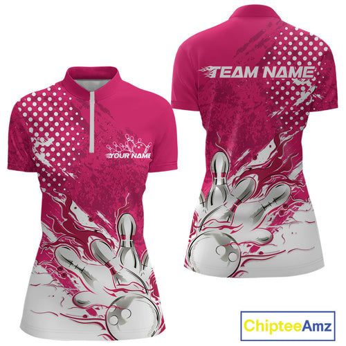Custom White And Pink Bowling Women Quarter Zip Shirt, Flame Bowling Jerseys Team Shirt IPHW9619