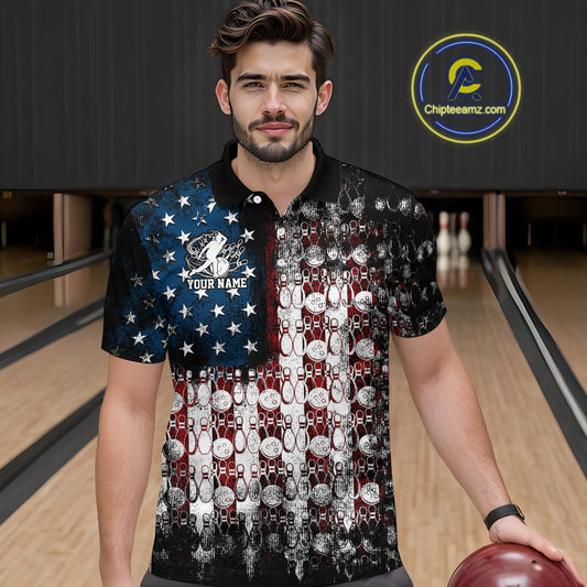 Custom Patriotic US Flag Bowling Men Polo Team Shirts, American Bowling League Shirt IPHW9325
