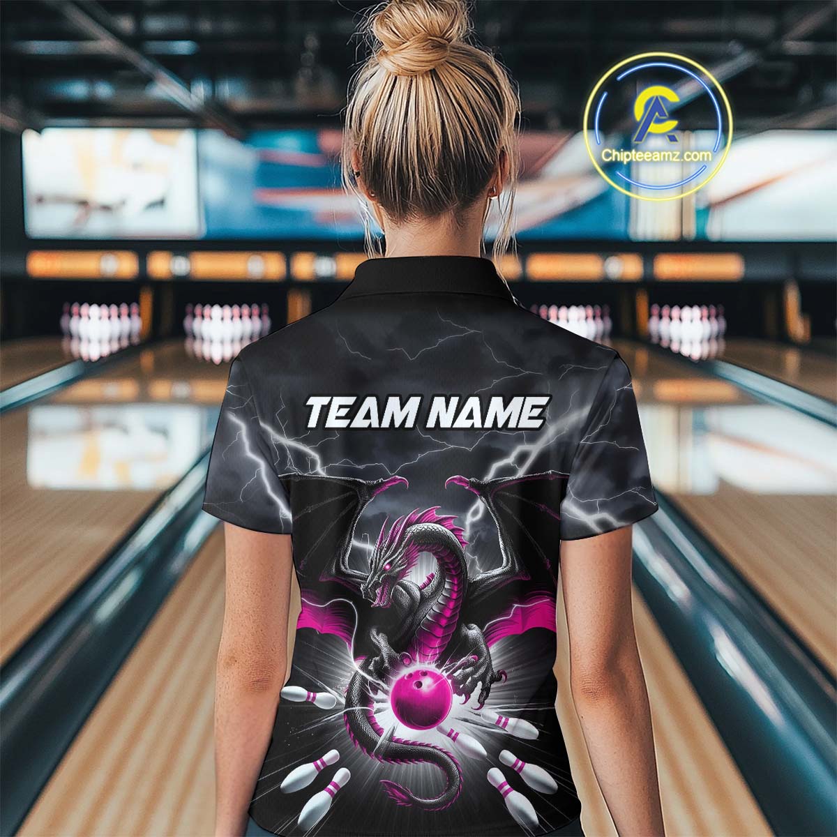 Custom Thunder Lightning Pink Dragon Bowling Team Polo Shirts For Women, Bowling Jerseys IPHW9113