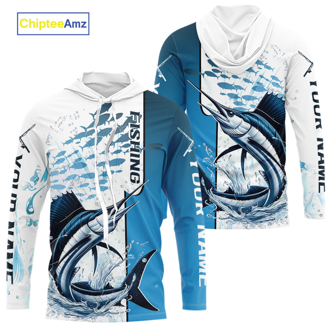 Personalized Sailfish Fishing Saltwater Long Sleeve Hooded Performance Fishing Shirts With Name IPHW9344
