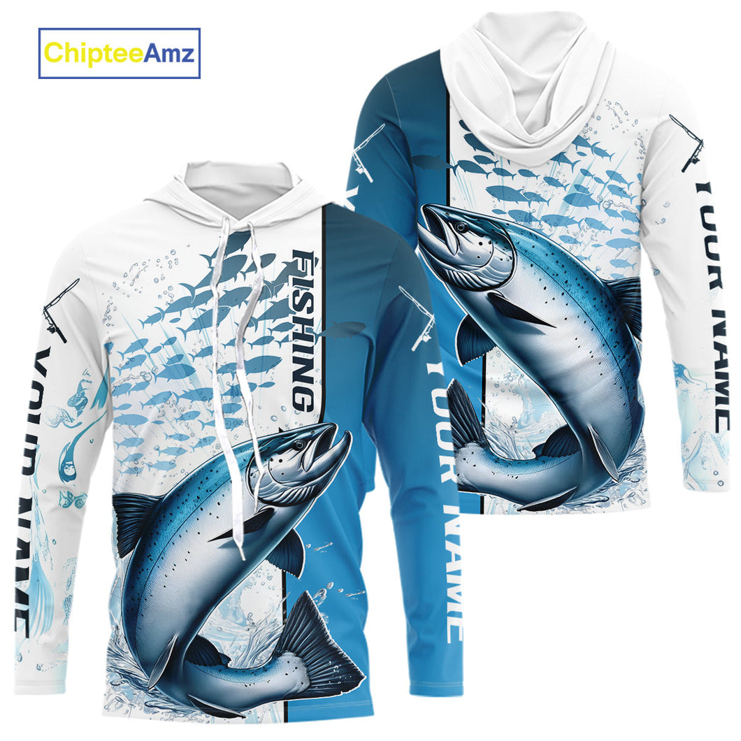 Personalized Chinook Salmon Fishing Saltwater Long Sleeve Hooded Performance Fishing Shirts IPHW9345