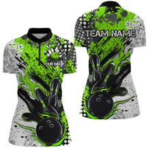 Load image into Gallery viewer, Black And Green Custom Flame Ladies Bowling Shirts, Splatter Bowling Team Jerseys Outfit IPHW7166