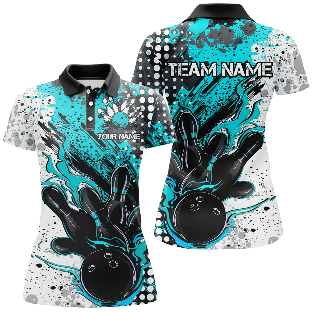 Black And Blue Custom Flame Ladies Bowling Shirts, Splatter Bowling Team Jerseys Outfit IPHW7168