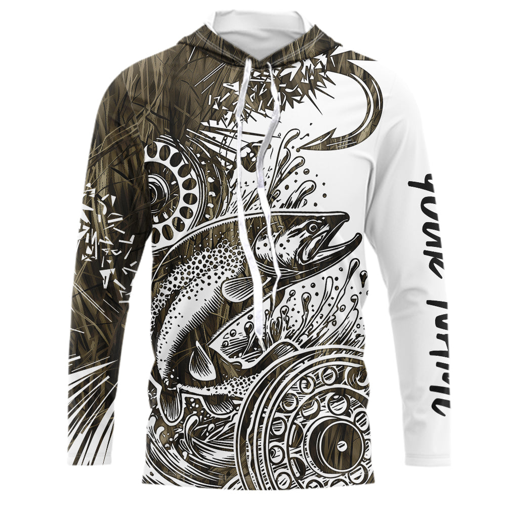 Custom Grass Camo Pattern Trout Fly Fishing Long Sleeve Hooded Tournament Shirt, Trout Flyfishing IPHW9141