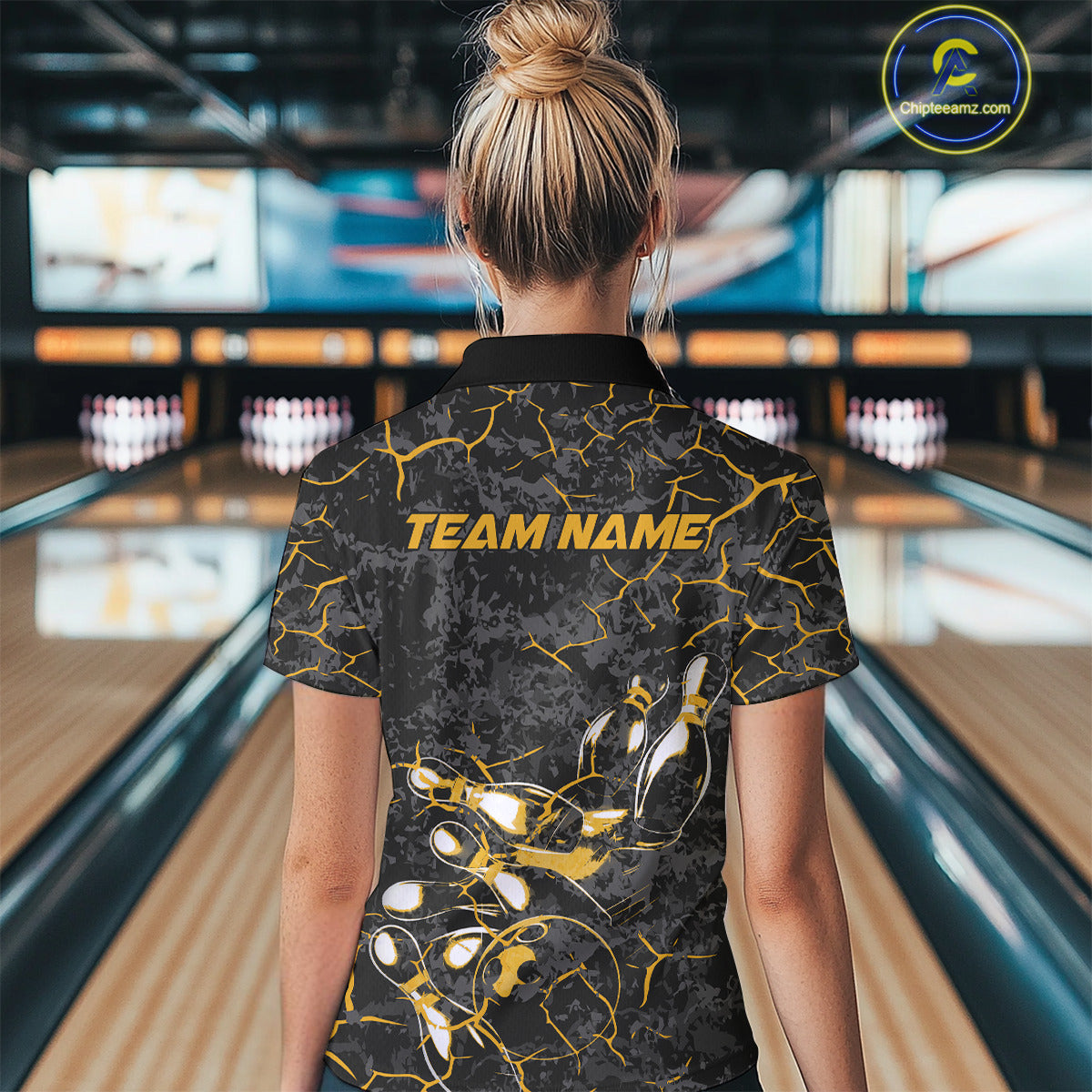 Custom Black And Yellow Camo Bowling Team Women Quarter-Zip Shirts, Bowling League Shirt IPHW9371