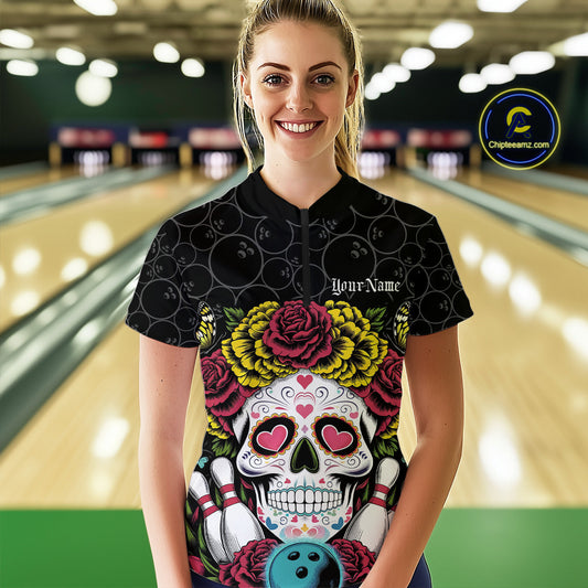 Custom Flower Sugar Skull Bowling Team Women Quarter-Zip Shirts, Halloween Bowler Outfit IPHW9750