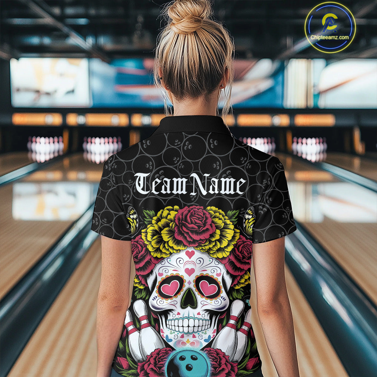 Custom Flower Sugar Skull Bowling Team Women Quarter-Zip Shirts, Halloween Bowler Outfit IPHW9750