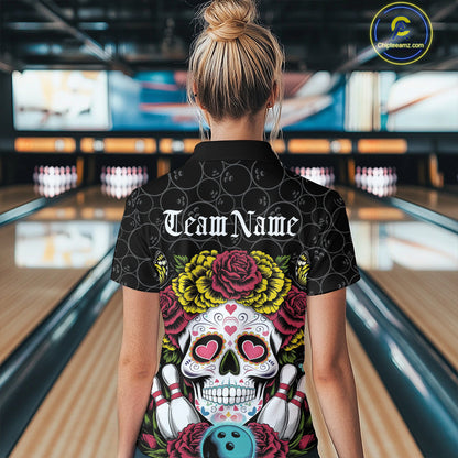 Custom Flower Sugar Skull Bowling Team Women Quarter-Zip Shirts, Halloween Bowler Outfit IPHW9750