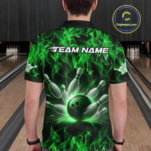 Load image into Gallery viewer, Custom Black And Green Flame Bowling Team Men Polo Shirts, Bowling Tournament Shirt IPHW9755