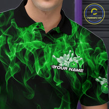 Load image into Gallery viewer, Custom Black And Green Flame Bowling Team Men Polo Shirts, Bowling Tournament Shirt IPHW9755