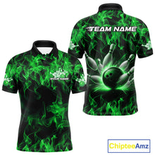 Load image into Gallery viewer, Custom Black And Green Flame Bowling Team Men Polo Shirts, Bowling Tournament Shirt IPHW9755