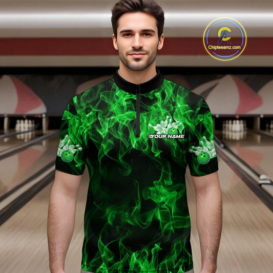 Custom Black And Green Flame Bowling Team Men Quarter-Zip Shirts, Bowling Tournament Shirt IPHW9755