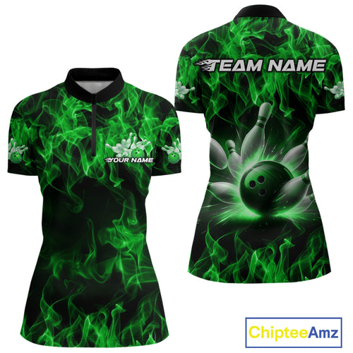 Custom Black And Green Flame Bowling Women Quarter-Zip Shirts, Bowling Tournament Shirt IPHW9755