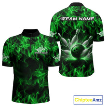 Load image into Gallery viewer, Custom Black And Green Flame Bowling Team Men Quarter-Zip Shirts, Bowling Tournament Shirt IPHW9755