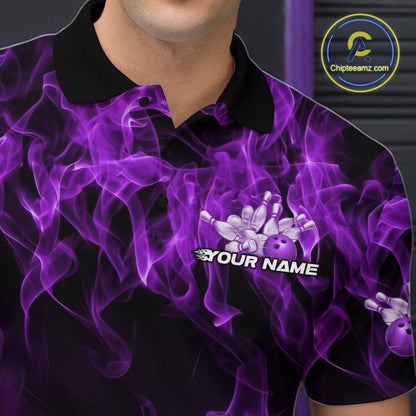 Custom Black And Purple Flame Bowling Team Men Polo Shirts, Bowling Tournament Shirt IPHW9756