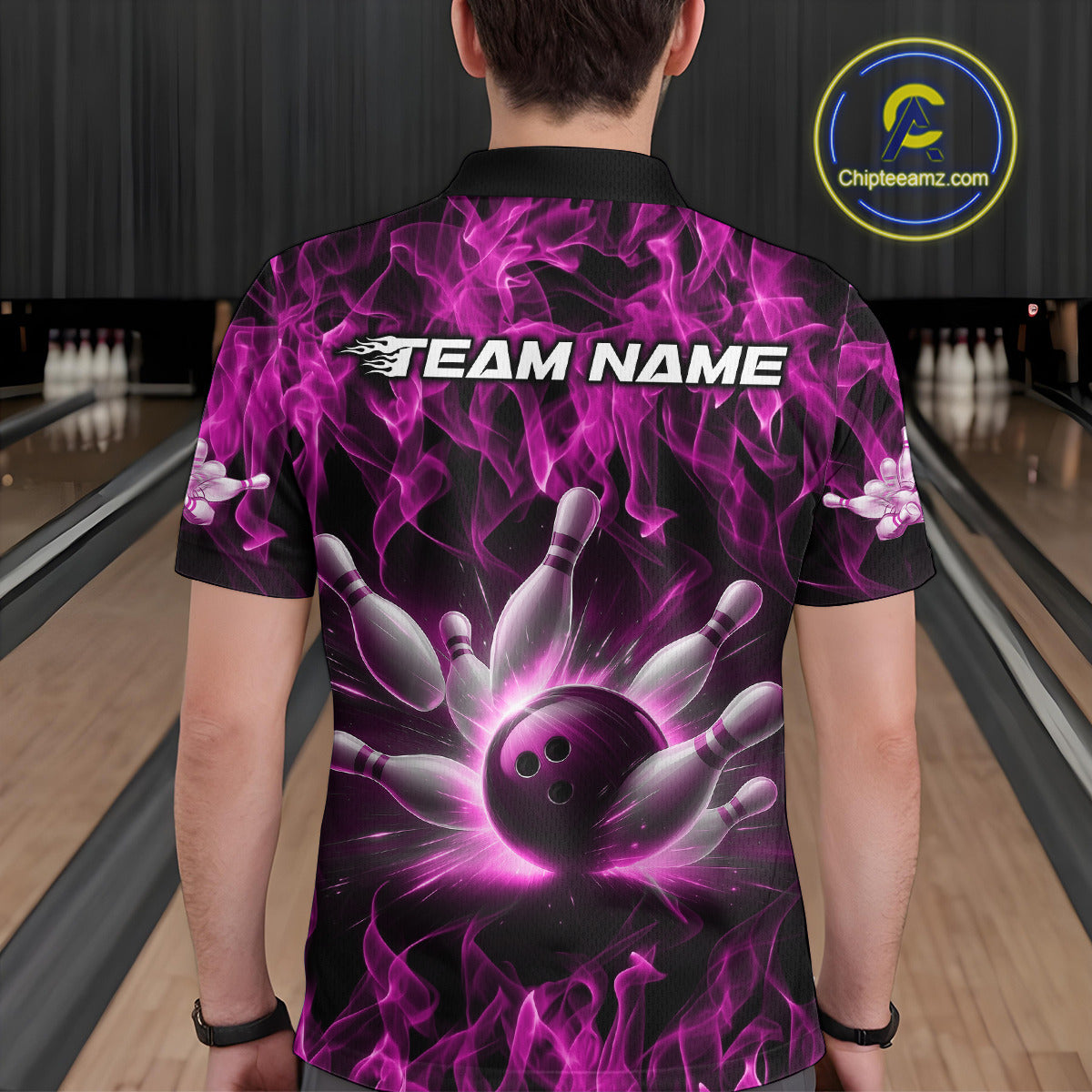 Custom Black And Pink Flame Bowling Team Men Polo Shirts, Bowling Tournament Shirt IPHW9757