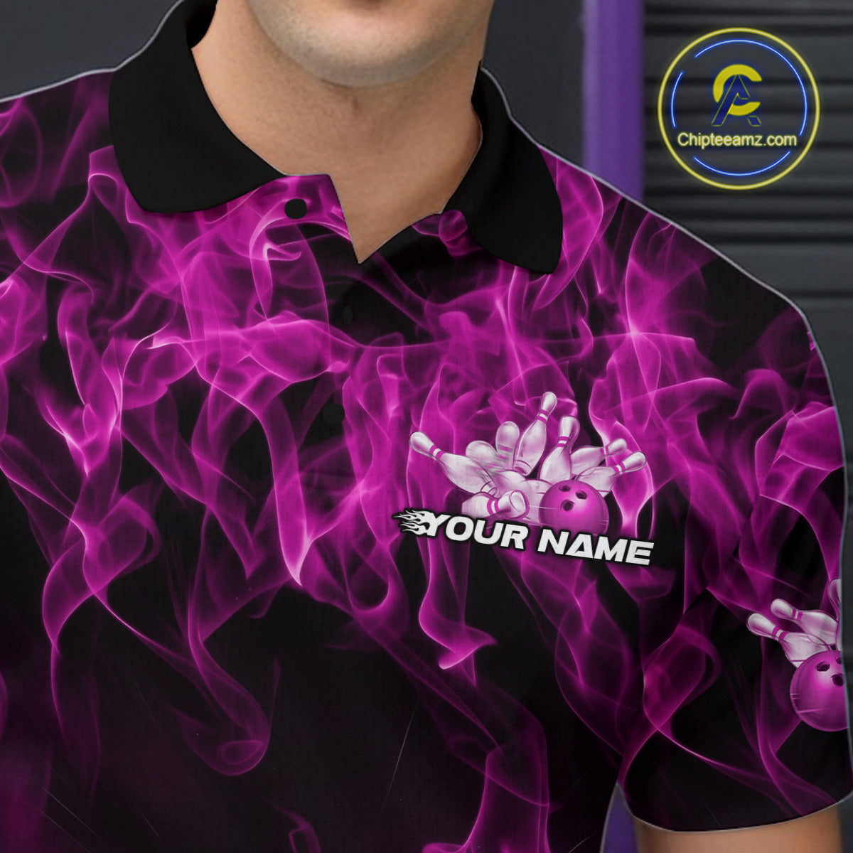 Custom Black And Pink Flame Bowling Team Men Polo Shirts, Bowling Tournament Shirt IPHW9757