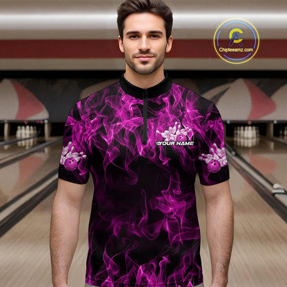 Custom Black And Pink Flame Bowling Team Men Quarter-Zip Shirts, Bowling Tournament Shirt IPHW9757
