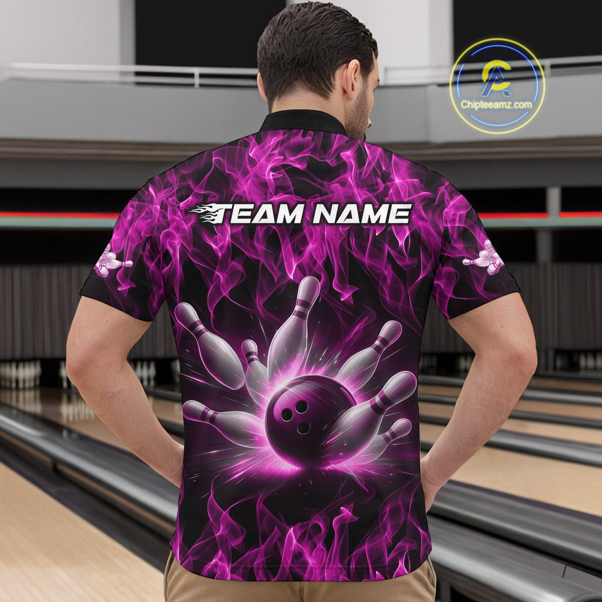 Custom Black And Pink Flame Bowling Team Men Quarter-Zip Shirts, Bowling Tournament Shirt IPHW9757