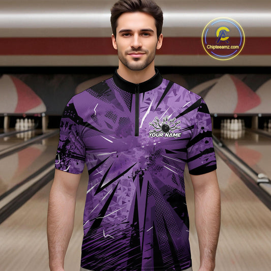Custom Black And Purple Camouflage Bowling Team Quarter-Zip Shirts For Men, Bowling League Shirt IPHW9383