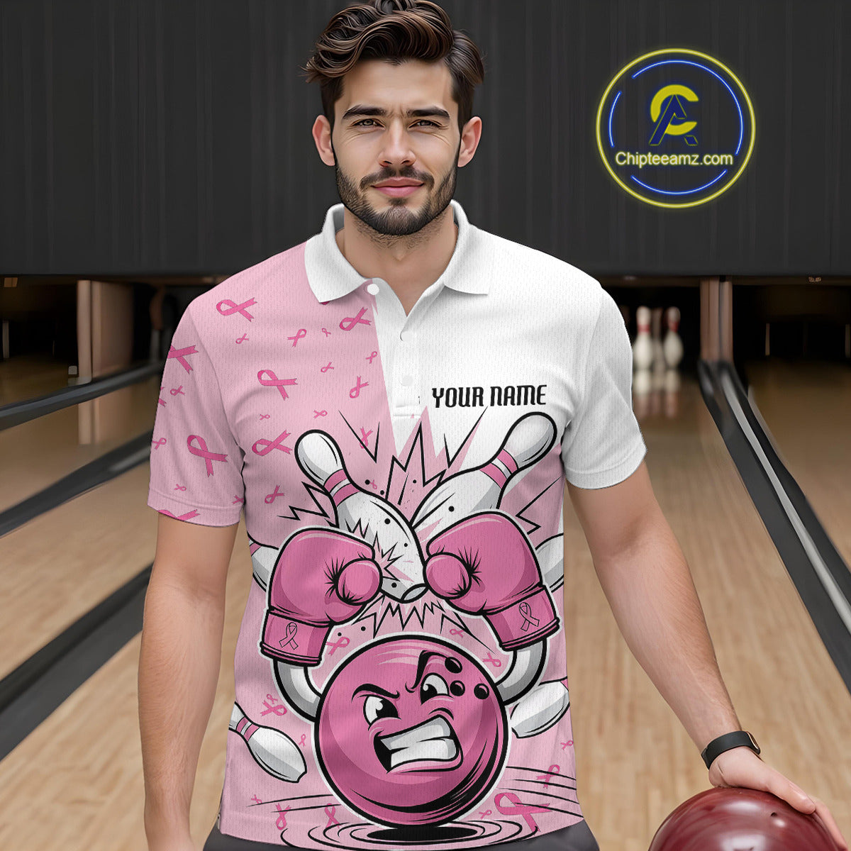 Custom Funny Pink Breast Cancer Bowling Men Polo Shirt, Breast Cancer Fighter Jerseys IPHW9394