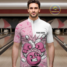 Load image into Gallery viewer, Custom Funny Pink Breast Cancer Bowling Men Quarter-Zip Shirt, Breast Cancer Fighter Jerseys IPHW9394
