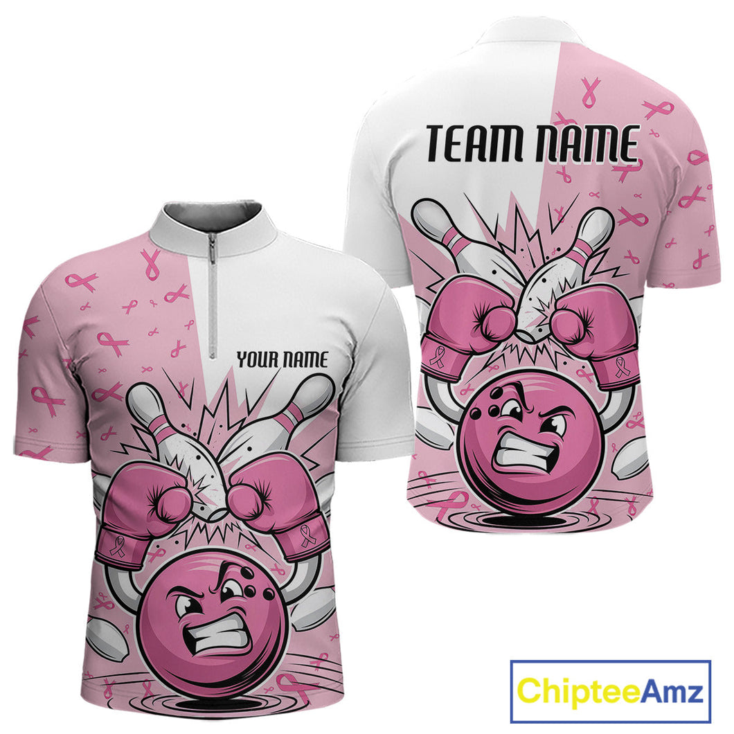 Custom Funny Pink Breast Cancer Bowling Men Quarter-Zip Shirt, Breast Cancer Fighter Jerseys IPHW9394