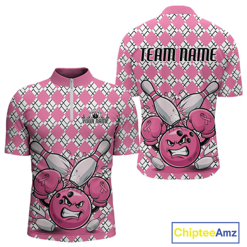 Custom Pink Argyle Pattern Funny Breast Cancer Fighter Bowling Quarter-Zip Shirts For Men IPHW9396