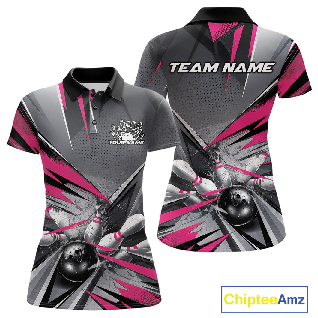 Custom Pink And Gray Bowling Polo Shirts For Women, Bowler Outfit Bowling League Shirt IPHW9558