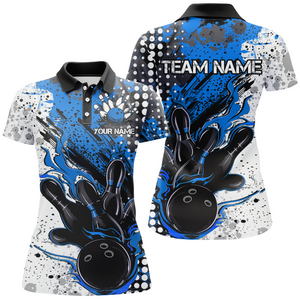 Blue And Black Flame Bowling Team Shirts, Strike Bowling Short Sleeve Polo Shirts For Women IPHW6754