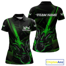 Load image into Gallery viewer, Custom Black And Green Flame Bowling Team Women Polo Shirts, Fire Bowling Jerseys IPHW9613