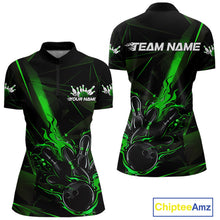 Load image into Gallery viewer, Custom Black And Green Flame Bowling Team Women Quarter-Zip Shirts, Fire Bowling Jerseys IPHW9613