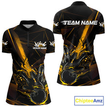 Load image into Gallery viewer, Custom Black And Gold Flame Bowling Team Women Quarter-Zip Shirts, Fire Bowling Jerseys IPHW9614