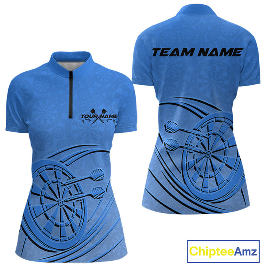 Custom Blue Darts Quarter-Zip Shirts For Women, Blue Dartboard Dart Team Jerseys IPHW9638