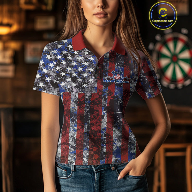 Custom US Flag Camo Patriotic Dart Polo Shirts For Women, Dart Jersey Dart Team Uniform IPHW9695