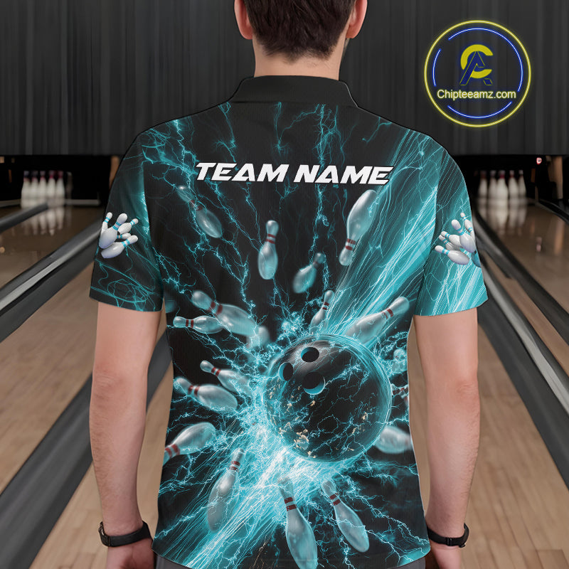Custom Blue Thunder Lightning Bowling Team Men Polo Shirts, Bowling Jerseys IPHW9742