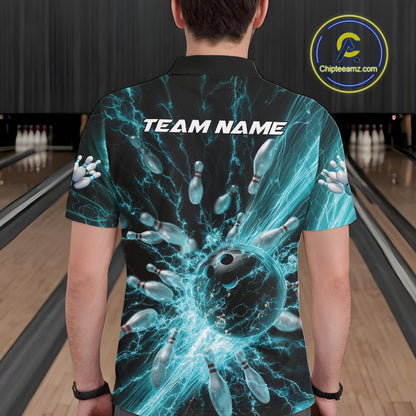 Custom Blue Thunder Lightning Bowling Team Men Polo Shirts, Bowling Jerseys IPHW9742