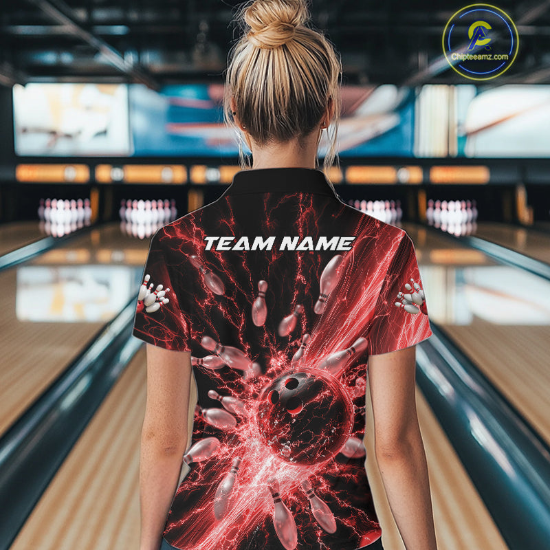 Custom Red Thunder Lightning Bowling Team Women Quarter-Zip Shirts, Bowling Jerseys IPHW9743